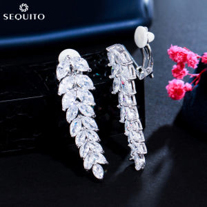 SEQUITO Delicate Women Ear Clips Jewelry White Gold Plated Pave Setting Marquise Cut AAAAA Zirconia Noble Leaves Shape Wedding Party Long Without Hole Earrings SE865