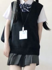 เสื้อกั๊กผ้าฝ้ายแท้ เสื้อสเวตเตอร์ถักพื้นฐาน เสื้อกั๊กอนิเมะ สไตล์นักเรียน แขนกุด ปกโปโล คอกลม สำหรับผู้หญิง