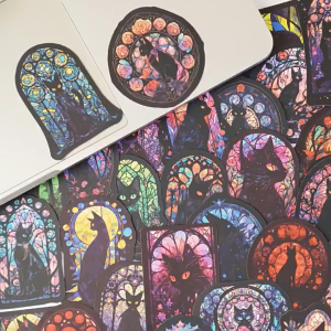 [READY STOCK] 54 pcs Black Cat Stained Glass Stickers – Gothic Vinyl Waterproof Decals for Laptop Scrapbook Journal