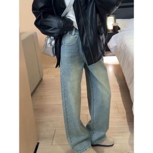 Retro Blue Straight Leg Jeans Womens High Waist Wide Leg Pants Loose Floor-Length Trousers for plus Size Hiding Hip