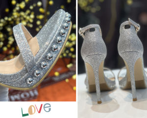 รองเท้าแตะส้นสูงแบบสวมหัวสีขาว ทรงหัวแหลม สายรัดข้อเท้าแบบหนา หัวเข็มขัดสีทอง ด้านหลังมีซิป สำหรับผู้หญิง