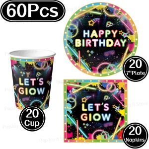 60Pcs Neon Lets Glow Birthday Party Disposable Paper 7inch Plates Cups Napkins Blacklight UV Glow Themed Tableware Decor Kit