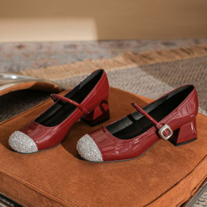 Ruby Red Mary Jane Wedding Shoes Womens New Chinese Style Xiu He Qipao Shoes Color Block Sequin Square Head Thick Heel Single Shoes