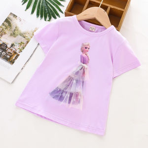 Girls Cotton Elastic Three-Dimensional Cartoon Princess Short sleeve T-shirt Summer Thin Childrens Baby Western Style round Neck Top