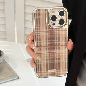 Retro Brown Grid Pattern Plating Silver Border Drop Glue Shock Proof Phone Cover Case for iPhone 17 16 15 14 13 12 Pro Max Plus