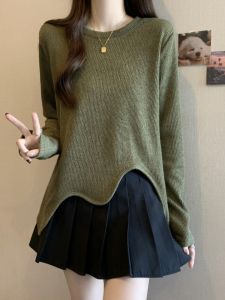 Womens Long Sleeve Knitted Sweater Irregular Wave Edge Autumn Fashion plus Size Inner Wear Base Shirt Comfortable Soft Korean Style