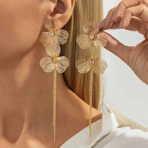 KunJoe Elegant Rhinestone Flower Long Tassel Drop Earrings for Women Luxury Metal Petal Floral Pendant Earring Wedding Jewelry