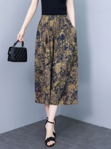 Elderly Women Wide Leg Pants Cotton Silk Ethnic Style Plus Size 7/8 Trousers