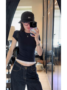 Áo Thun Cotton Màu Xanh Lam Tay Ngắn Cổ Tròn Dáng Ôm Vừa Vặn Cho Nữ Mùa Hè Phong Cách Hàn Quốc Tay Thường