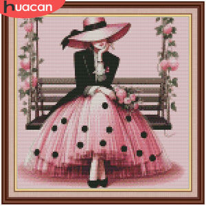 HUACAN 11CT Cross Stitch Kit Novelties Woman Portrait Gift Handmade Art Flower Needlework DMC Thread Decorative Paintings