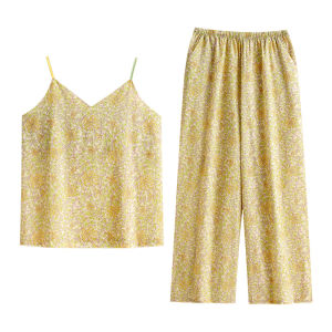 yuenei | Womens Summer Modal Sleepwear With Chest Pad Integrated Design Country Style Long Pants Casual Comfortable Lightweight V-Neck