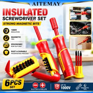 Aitemay Insulated Screwdriver Set 1000V Magnetic Phillips Slotted Bits Electrician Repair Tool Ergonomic Handle Storage Case Auto Motorcycle Maintenance Kit