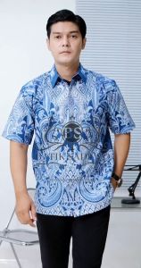 Baju Kemeja Batik Pria Dewasa Mewah 2025 Terbaru Lengan Pendek Tulis Kombinasi Lapisan Furing Motif Darma Biru