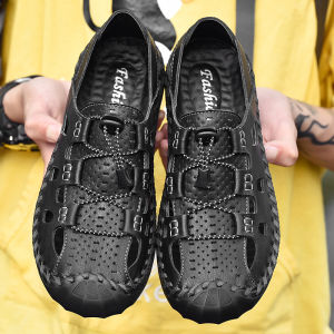 FECHENG Large Size 38-48 Mens Genuine Leather Sandals Widened Thick-Soled Anti-Slip Wear-Resistant Wide Men Sandals