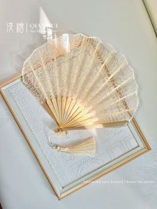 Original Champagne Embroider Lace Small Fan Rose Shell Fan Lady Elegance Han Dynasty Cheongsam Fan Wedding Banquet Fan