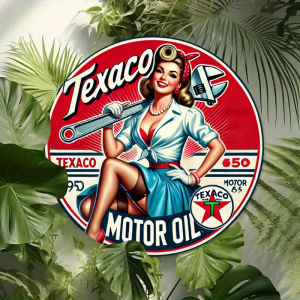 2D Flat Vintage Texaco Motor Oil Round Tin Sign Retro Iron Wall Hanging Decor for Home Bar Garage Garden Gate Farmhouse