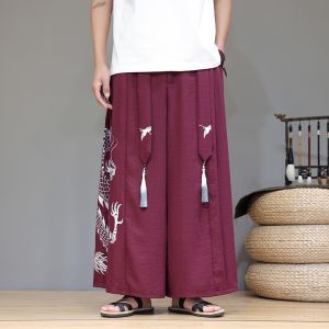 New Chinese Style Mens Summer Wide Leg Pants Ice Silk Loose Fit Dragon Print Hanfu Song Pants Retro Skirt Pants plus Size