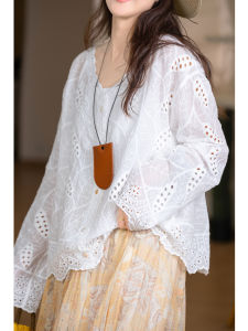 XIAOER | Cotton Breathable Embroidery Lace Trim Loose Slimming Long Sleeve Womens Shirt