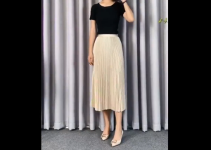 High Quality Pleated Skirt for Womens Summer Fashion High Waist Elastic A-Line Midi Skirt