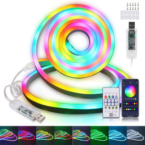 USB Powered Gaming Backlight Lights Strip RGBIC LED Neon Lights 5v Flexible Ribbon Tape Neon Lights With Bluetooth Music Sync