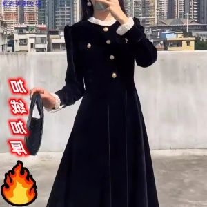 ชุดเดรสยาวผ้าฟองน้ำหนาสไตล์ฮีปซ์ เดรสสีดำสไตล์เก๋ไก๋สำหรับงานเลี้ยงชา ทรงเอ เดรสยาวคลุมเข่า กระโปรงทรงเอ