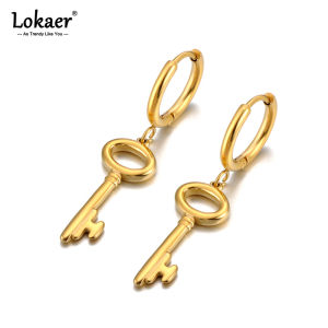 Lokaer Fashion 316L Stainless Steel Key Hoop Earrings 18K PVD Gold Plated Handmade Daily Jewelry for Women Girls E24219