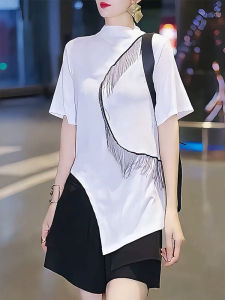 QINGNAER | Irregular Cut Fringe Chain Splice Short Sleeve T-Shirt Womens Plus Size