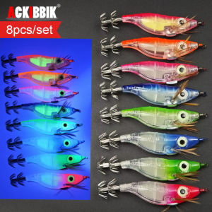 8pcs/set Luminous Squid Jigs 10cm Horizontal Egi Set Wood Shrimp Lures Octopus Cuttlefish Fishing Bait Glow Saltwater Tackle Kit