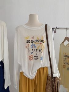 Summer New Womens Loose Fit Long Sleeve Sun Protection Shirt Thin Design White T-Shirt Comfortable Breathable Cotton Polyester Blend