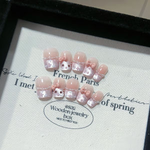 เล็บแต่งตัว KT Cat Cheek Rouge Butterfly Bow Sweet Cute French Cat Eye Nail Art Stickers Handmade Wearable False Nails