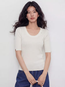 Basic House | Blue Slit U-Neck Knitted Summer Top