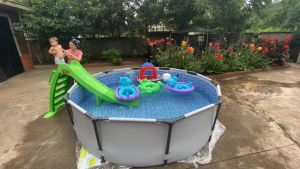 Bể bơi khung kim loại chịu lực kích thước TRÒN 3.05m x 76cm Bestway 56406 Siêu Bền và An Toàn quà trị 250k :1 bóng 2 phao  bộ vá dự phòng