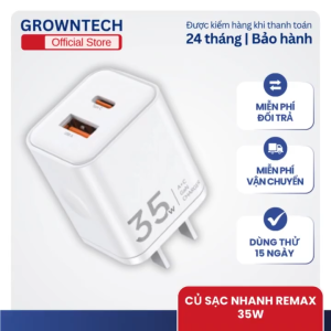 Củ sạc nhanh Remax 35W chính hãng 2 cổng sạc Type C & USB sạc nhanh PD/QC3.0 an toàn bền bỉ