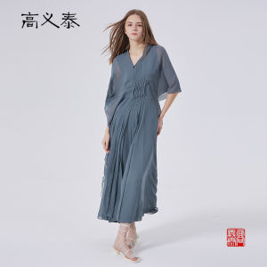 GAOYITAI | Irregular Silk Patchwork Pearl Button Large Swing Evening Dress