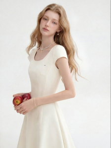 Short Sleeve Square Neck Beige Flattering A-Line Dress