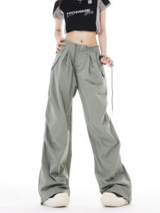 Black American Style High Waist Pleated Loose Wide Leg Pants Women Casual Floor Length Trousers Summer Fashion Workwear