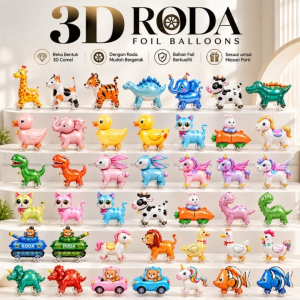 3D Roda Foil Balloon 3D Wheels Walking Balloon Animal Dinosaur Cat Rabbit | Kids Party Decoration