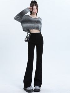 Quần Jeans Denim Ống Loe Màu Đen Cạp Cao Cho Nữ Quần Dài Thời Trang Cho Người Dày Dáng Nhỏ Quần Ống Loe Thường Ngày