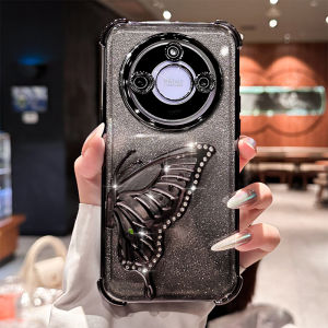 Luxurious Fashion Sandflow Butterfly Stand Compatible with Huawei Honor X60i X50 New Model Women High-End Sensation Flash Powder with Bracelet X40 Transparent Protective Case X30 Four Corner Anti-Fall Full Cover