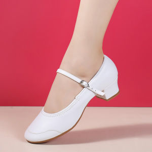 Summer Pure White Womens Square Dance Soft Sole Mid Heel Stage Performance Dance Shoes