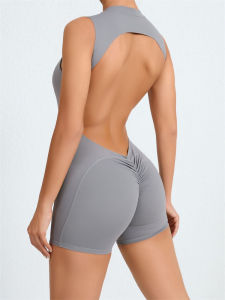 Fashion Sleeveless Back Cut Out Yoga Jumpsuit Shorts Sports Fitness Detachable Chest Pad Peach Hip Jumpsuit