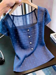 KUNAILIN | French Blue Dots Short Sleeve Stylish Commute-friendly Blouse