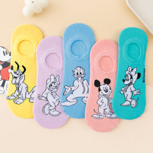 Disney | 5 Pairs of Disney Character No Show Socks Mickey Minnie Donald Daisy Pluto Sketch Printed Cotton Invisible Lining Womens Socks