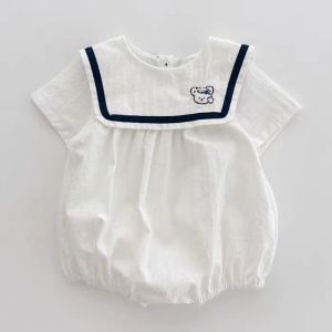 Roy Bear Korean-Style Baby Carousel Short-Sleeve Cotton Polyester Climb Suit with Cute Flip Collar for Summer