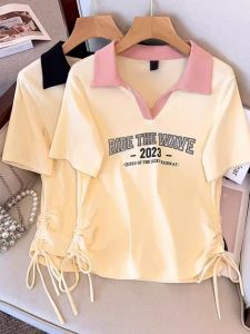 Áo Thun Nữ Tay Ngắn Cổ Polo Dáng Rộng Mùa Hè Thiết Kế Màu Tương Phản Dây Rút Tay Áo Thường Xuyên Thường Ngày
