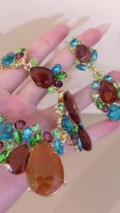 Vintage Rice Grain Water Drop Square Rhinestone Earring Chain Necklace Women Gorgeous Personality New Jewelry Set Banquet K