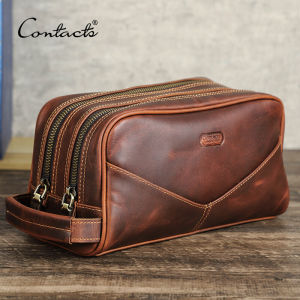 CONTACTS Túi Đựng Mỹ Phẩm Du Lịch Nam Nữ Túi Trang Điểm Có Khóa Kéo Đôi Túi Đựng Đồ Vệ Sinh Cá Nhân Bằng Da Thật Dung Tích Lớn