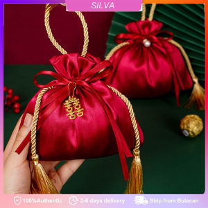 2PCS Red Candy Bag with Tassel Drawstring Pouch Bags Gift Packaging Chinese Wedding Christmas Party Decor