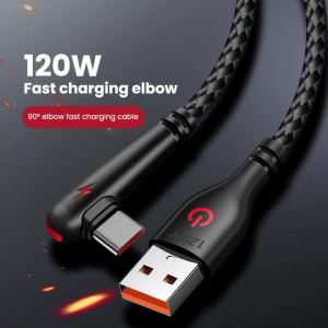 120W USB To Type-C Cable 90 Degree Elbow Mobile Phone Fast Charging For Huawei Mate 40 30 Xiaomi Samsung Phone Charging Cord