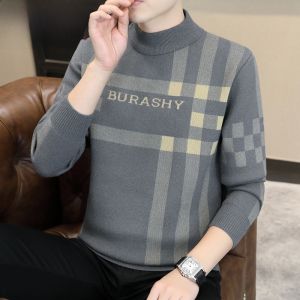 HENGYUANXIANG | Mens Thickened Half-High Collar Knitted Sweater Fashionable City Style Winter Base Shirt Slim Fit Striped Design Comfortable